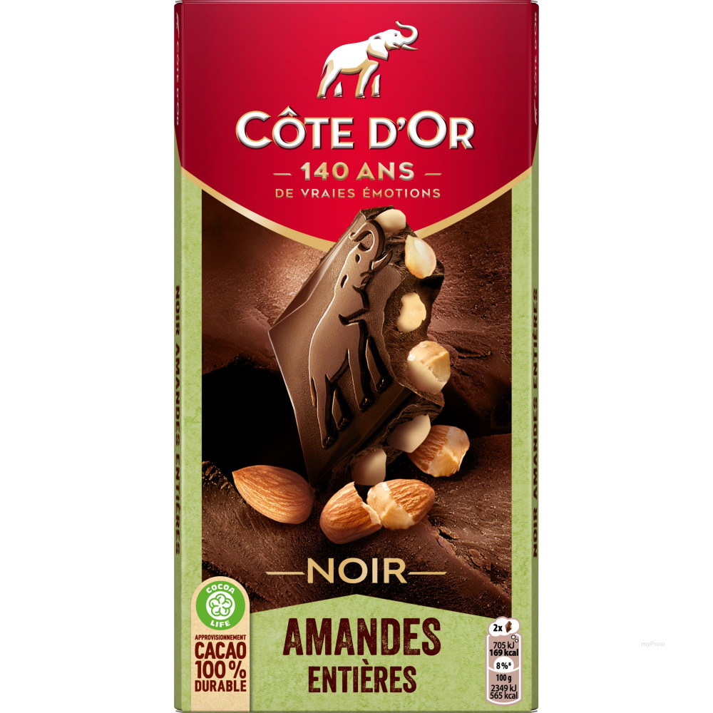 Cote D'Or Chocolat Noir et Amandes Entieres 180g 