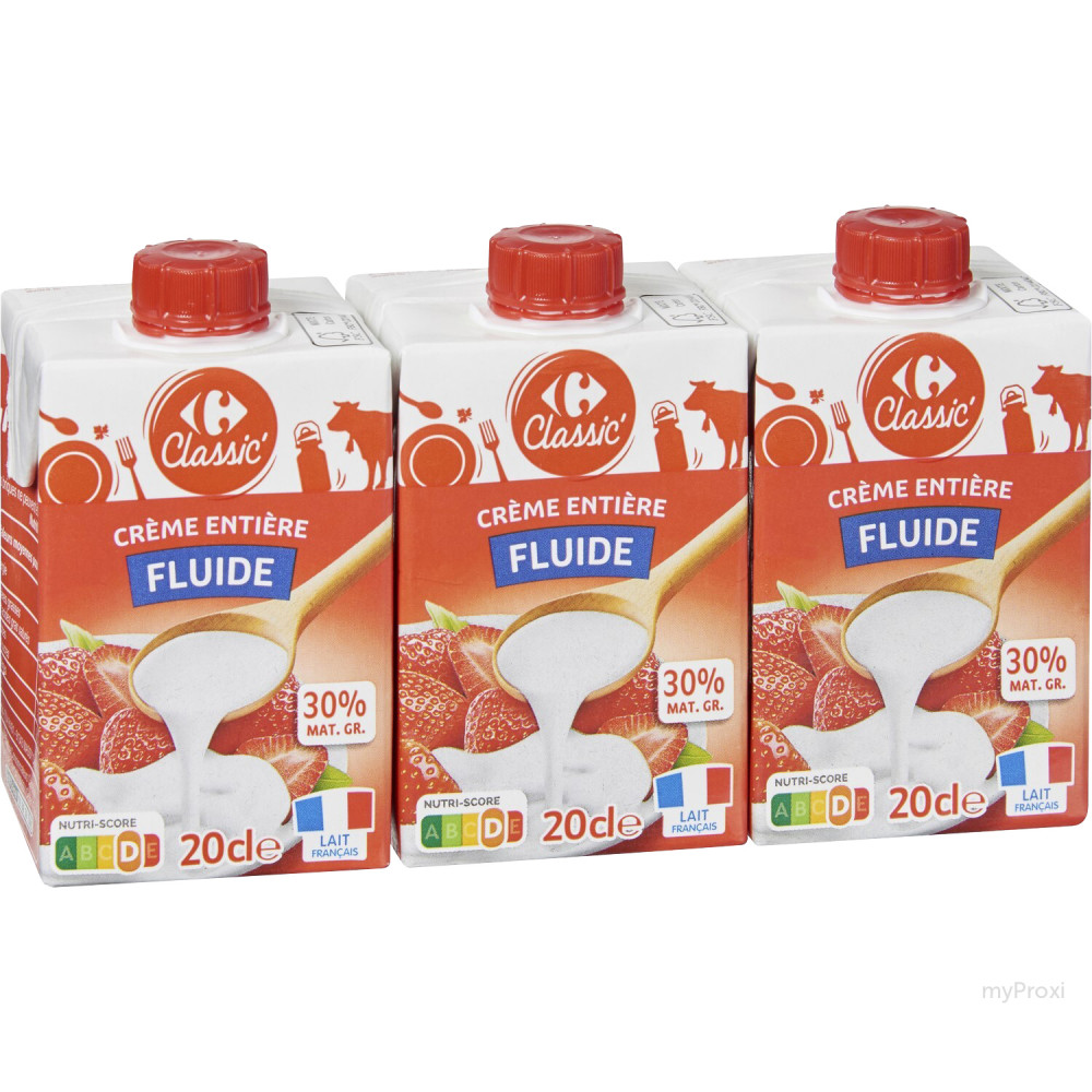 CRÈME LIQUIDE ENTIÈRE UHT 30% MG 3X20CL LAIT PLAISIRS